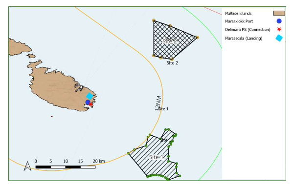 Map of proposed offshore wind development sites around Malta