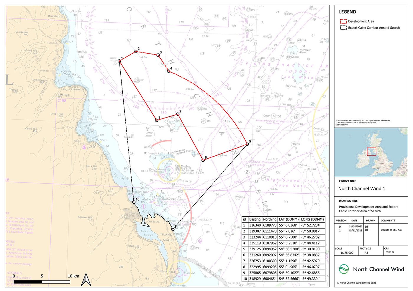 Map showing the location of the North Channel Wind 1 project off the coast of County Antrim